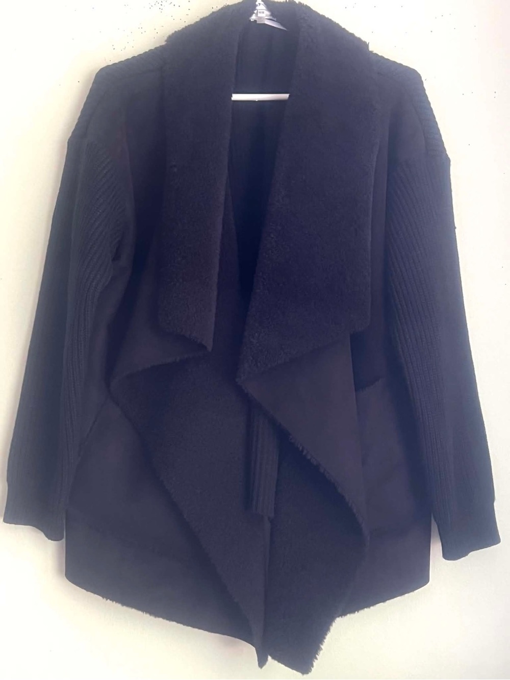 John + Jenn Black Faux Shearling Draped Cardigan